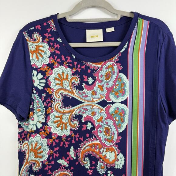 Anthropologie Maeve Maddie Blue Paisley Floral Striped Top Medium Layered Boho - Picture 3 of 14